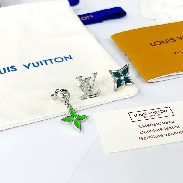 لويس فتون LV Sunrise أقراط فضي أخضر غير متماثلة قطرة إناميل كواتروفويل 7