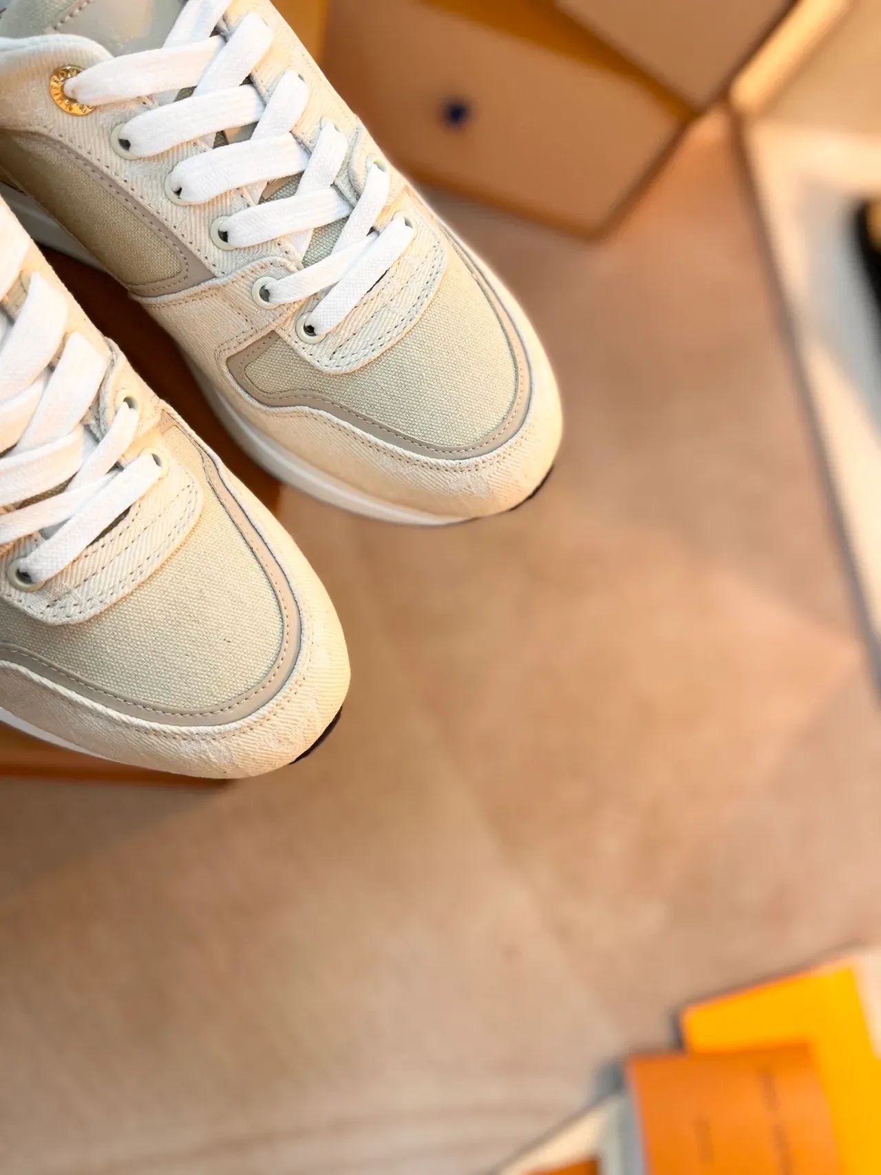 Louis Vuitton LV Trainer Beige White Textile Upper Monogrammed Side Panel Lifestyle Sneakers 3