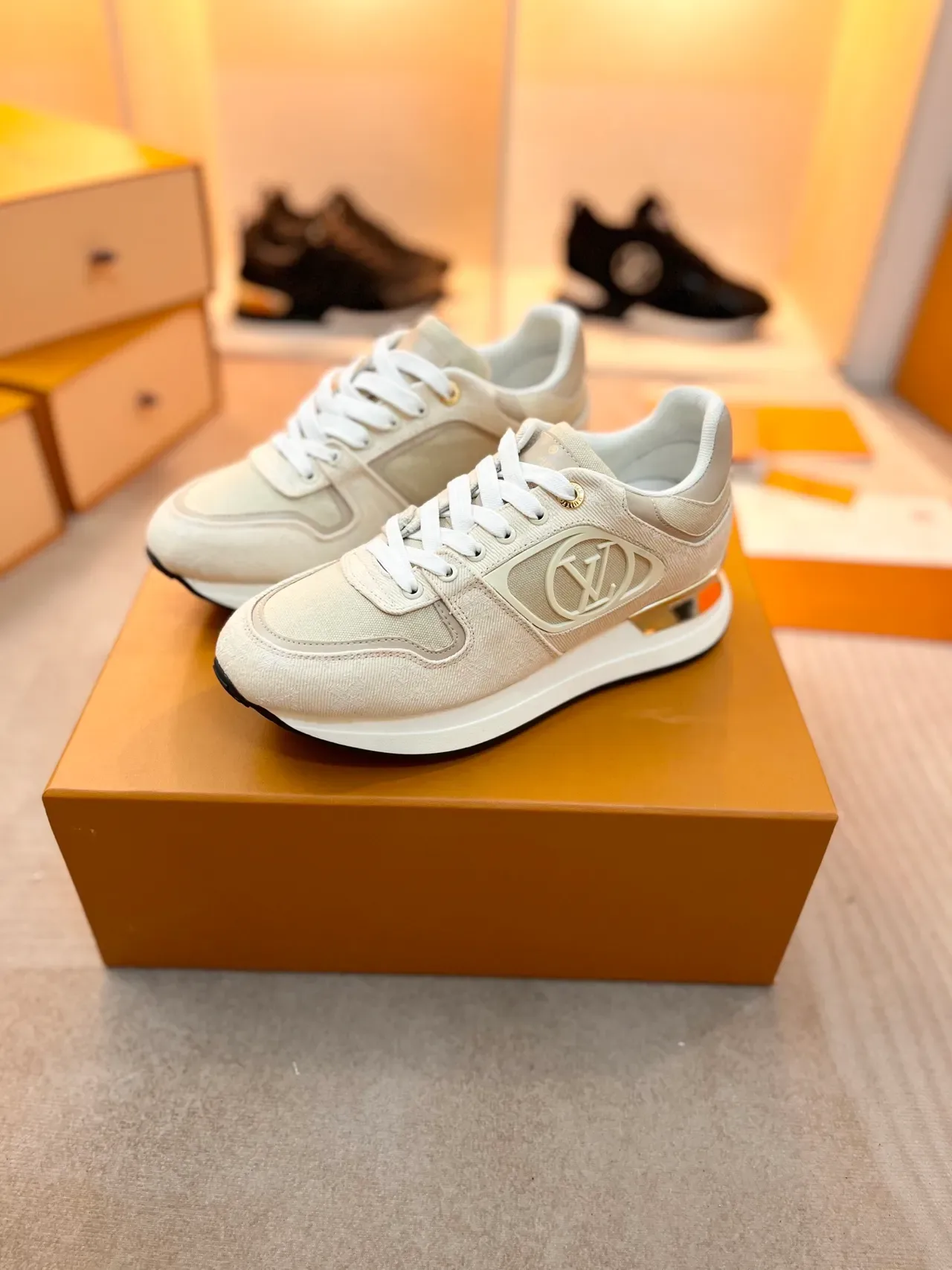 Louis Vuitton LV Trainer Beige White Textile Upper Monogrammed Side Panel Lifestyle Sneakers 4