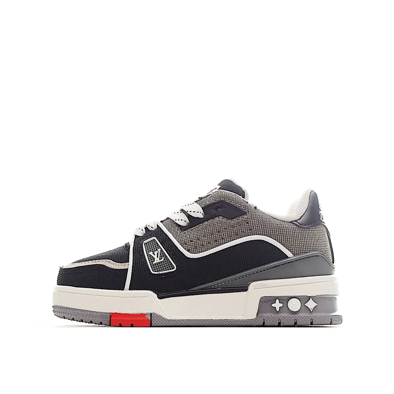 Louis Vuitton LV Trainer Noir Blanc tige en Mesh-Suede superposée plaque Monogram bride sneakers lifestyle 19