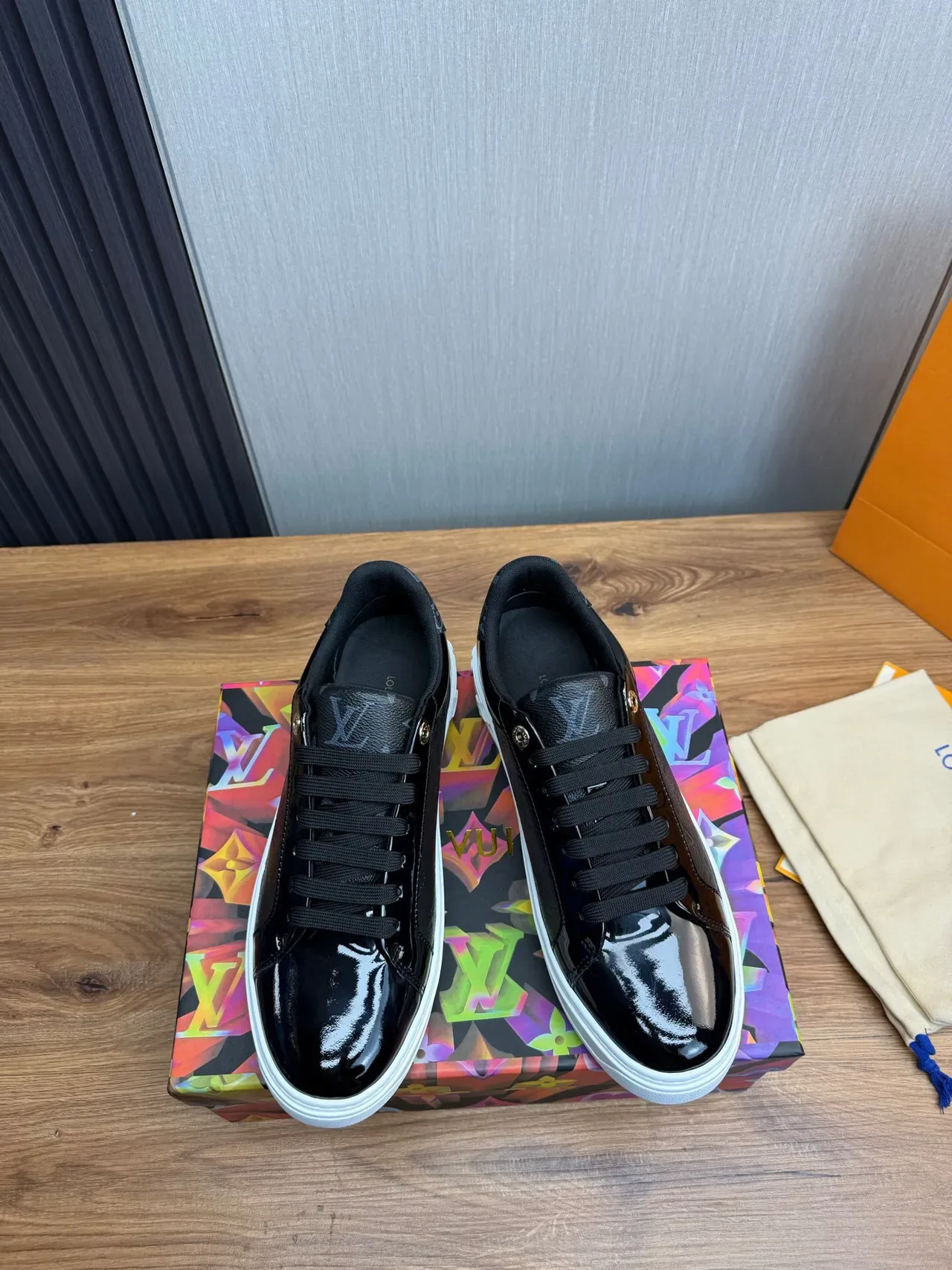 Louis Vuitton LV Trainer Black White Monogram Leather Glossy Patent Toe Lifestyle Sneakers 2