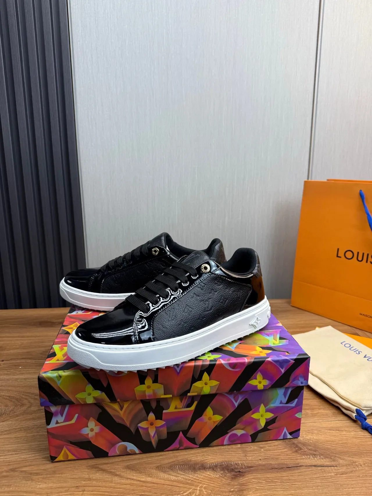 Louis Vuitton LV Trainer Black White Monogram Leather Glossy Patent Toe Lifestyle Sneakers 3