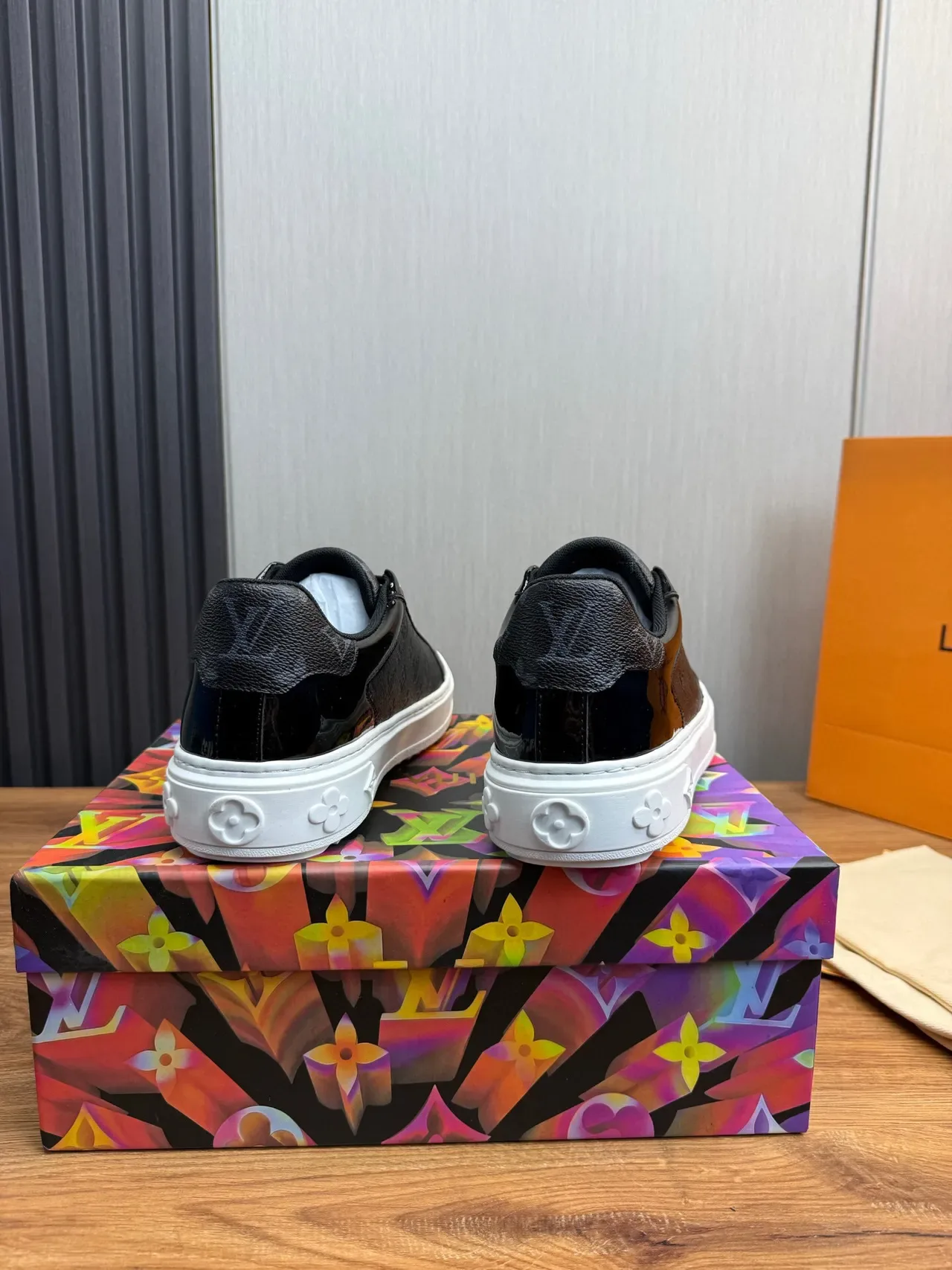 Louis Vuitton LV Trainer Black White Monogram Leather Glossy Patent Toe Lifestyle Sneakers 4