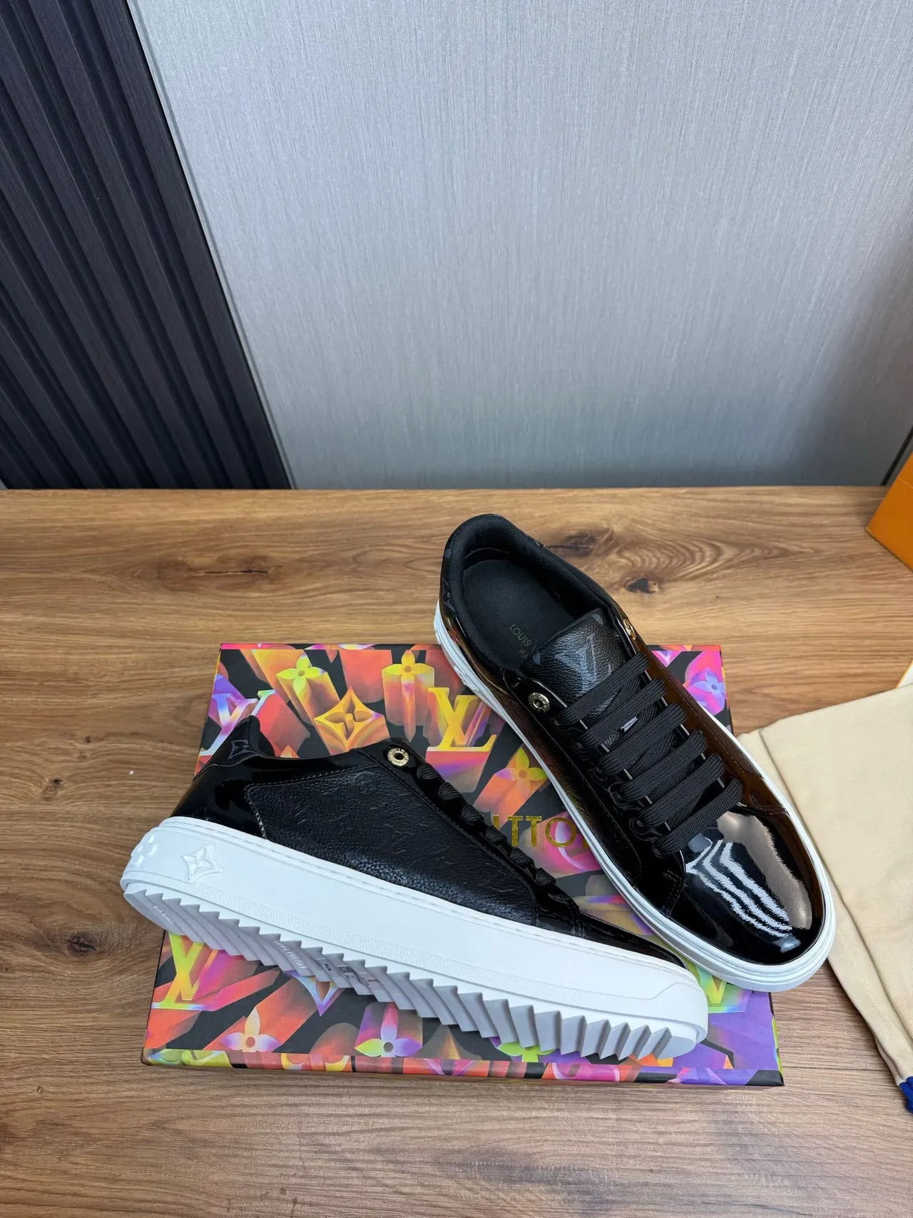 Louis Vuitton LV Trainer Black White Monogram Leather Glossy Patent Toe Lifestyle Sneakers 5