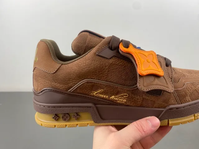 Louis Vuitton LV Trainer Brown Orange Layered Suede And Mesh Upper Sculpted Cage Overlay Lifestyle Sneakers 3