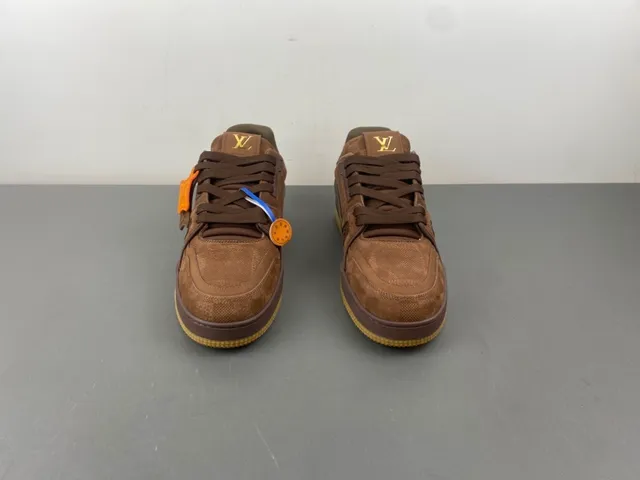 Louis Vuitton LV Trainer Brown Orange Layered Suede And Mesh Upper Sculpted Cage Overlay Lifestyle Sneakers 11