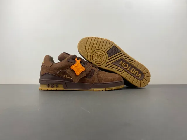 Louis Vuitton LV Trainer Brown Orange Layered Suede And Mesh Upper Sculpted Cage Overlay Lifestyle Sneakers 12