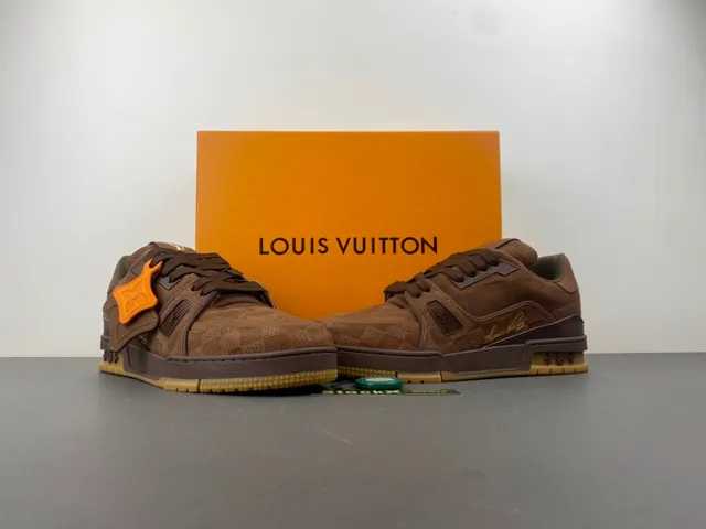 Louis Vuitton LV Trainer Brown Orange Layered Suede And Mesh Upper Sculpted Cage Overlay Lifestyle Sneakers 13