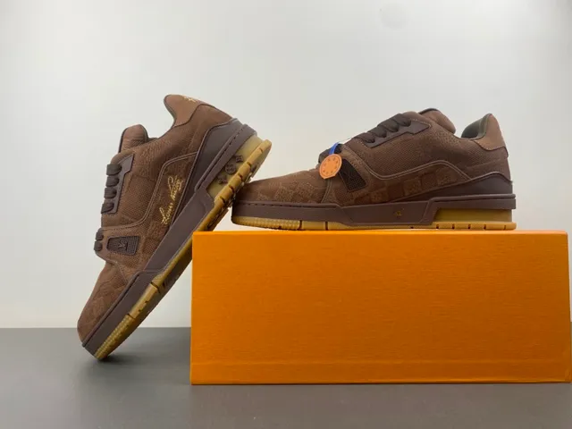 Louis Vuitton LV Trainer Brown Orange Layered Suede And Mesh Upper Sculpted Cage Overlay Lifestyle Sneakers 14