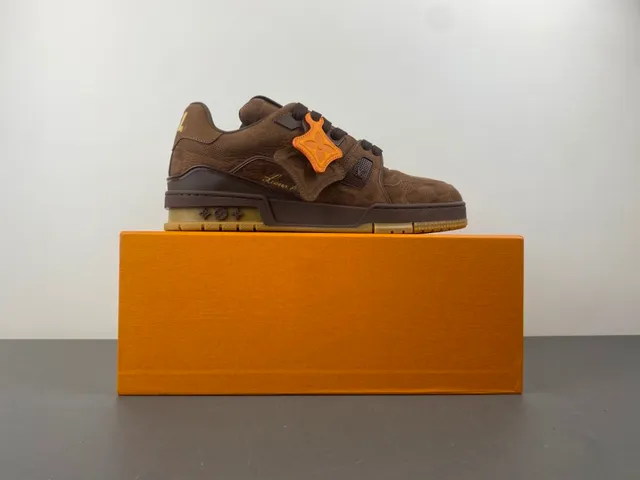 Louis Vuitton LV Trainer Brown Orange Layered Suede And Mesh Upper Sculpted Cage Overlay Lifestyle Sneakers 15