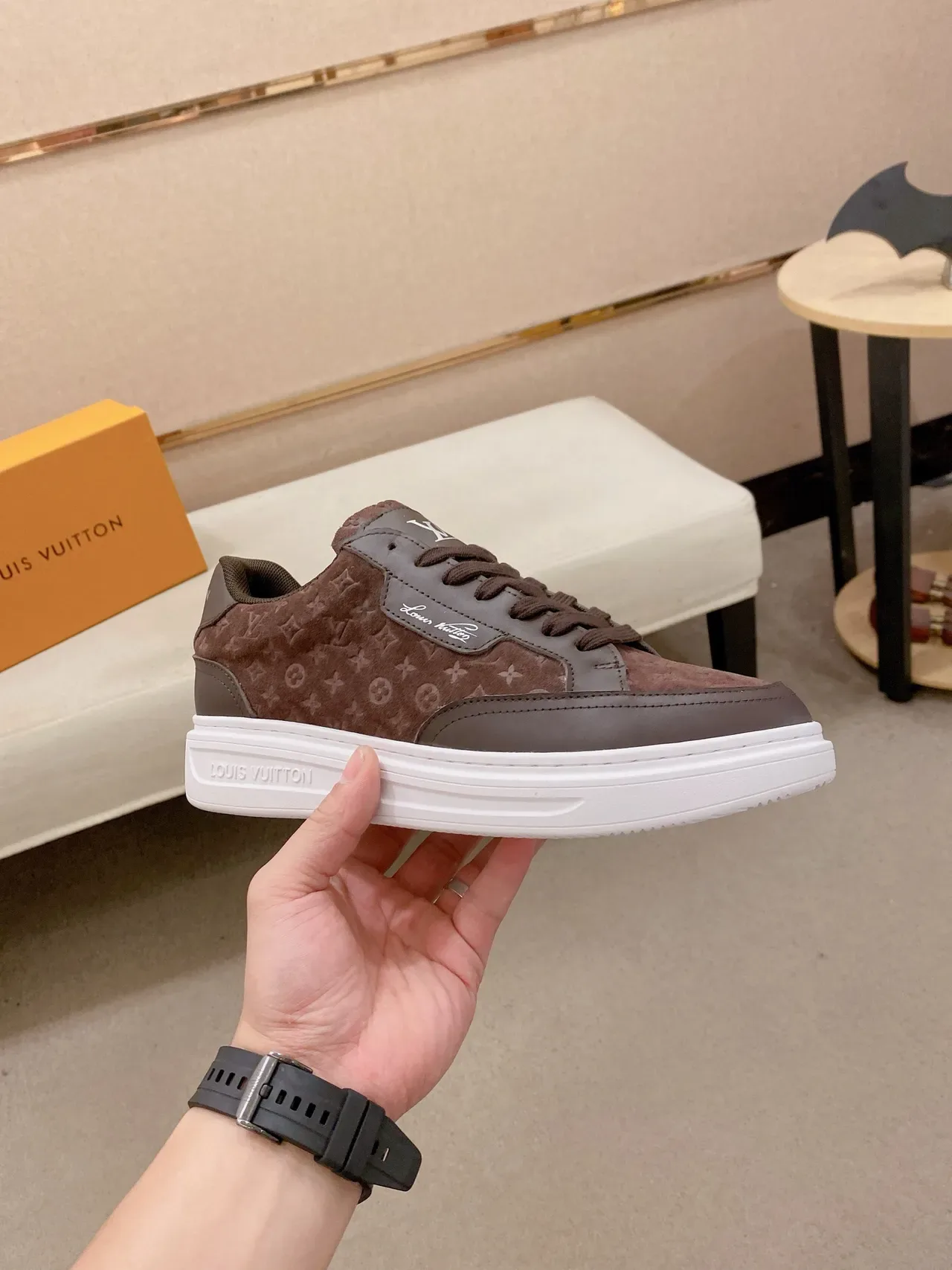 Louis Vuitton LV Trainer Brown White Monogrammed Suede Leather Overlays Lifestyle Sneakers 5