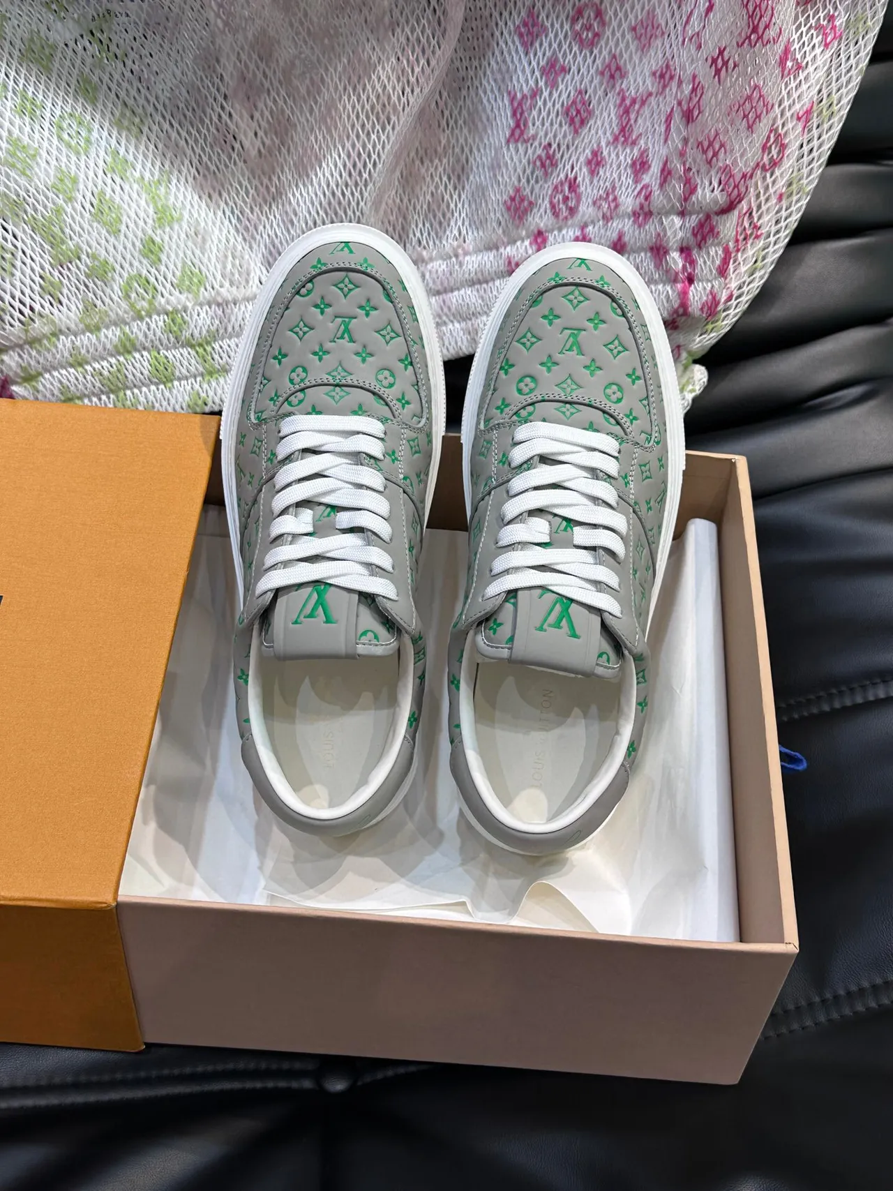 Louis Vuitton LV Trainer Gray Green Monogram-Printed Leather Low-Top Cupsole Lifestyle Sneakers 4