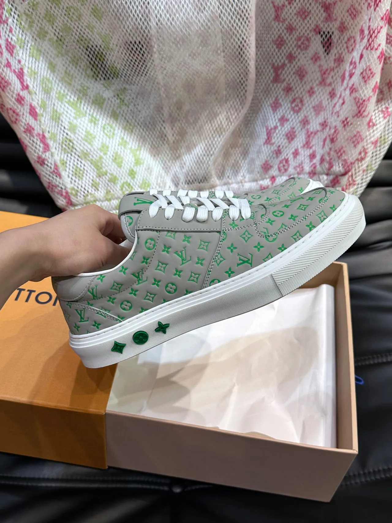 Louis Vuitton LV Trainer Gray Green Monogram-Printed Leather Low-Top Cupsole Lifestyle Sneakers 5