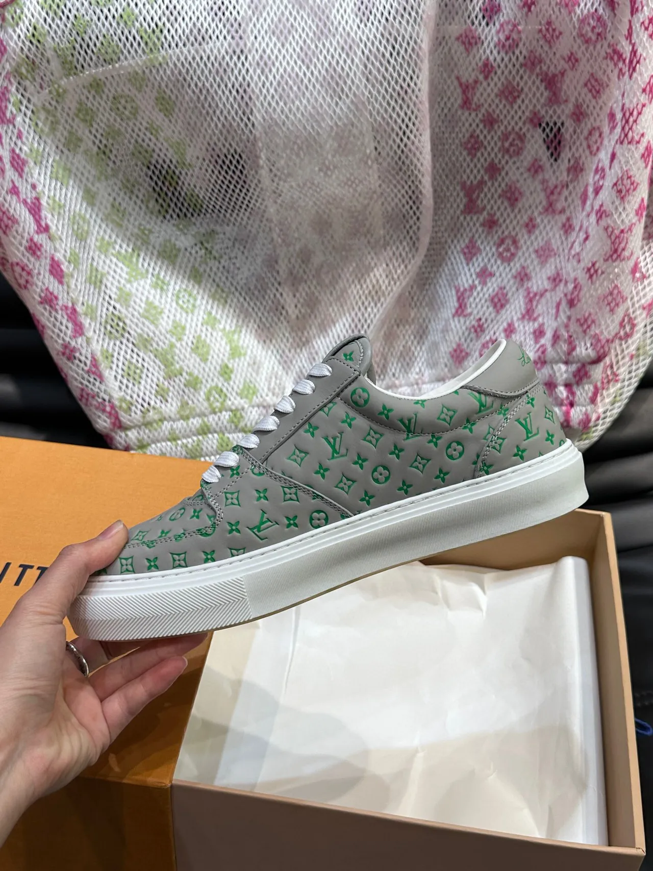 Louis Vuitton LV Trainer Gray Green Monogram-Printed Leather Low-Top Cupsole Lifestyle Sneakers 6