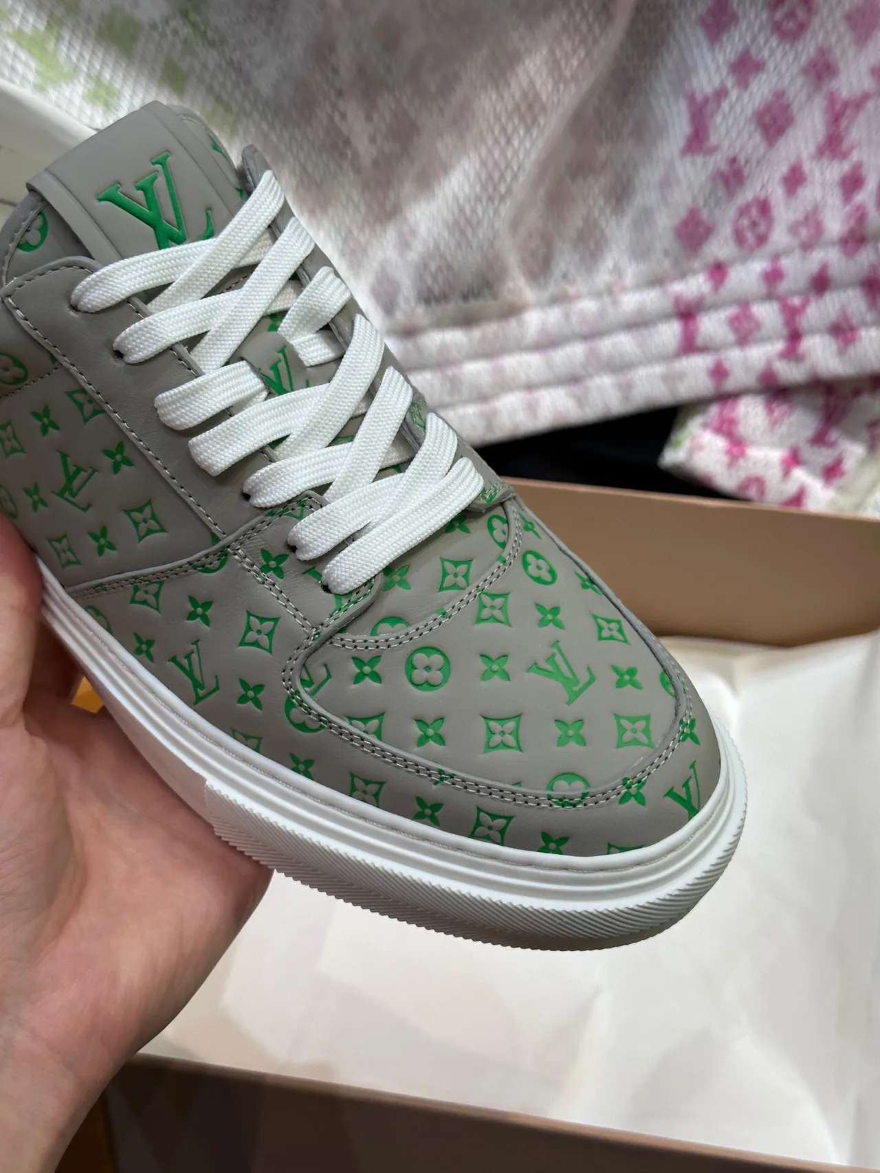 Louis Vuitton LV Trainer Gray Green Monogram-Printed Leather Low-Top Cupsole Lifestyle Sneakers 7