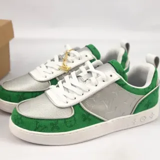 Louis Vuitton LV Trainer Verde Prata Monogram Jacquard Couro Metálico Sneakers Lifestyle