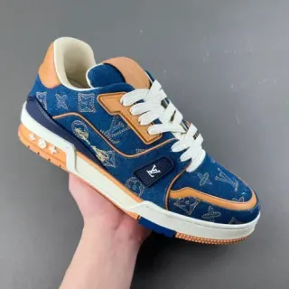 Louis Vuitton LV Trainer Navy Beige Denim Upper Monogram Print Lifestyle Sneakers
