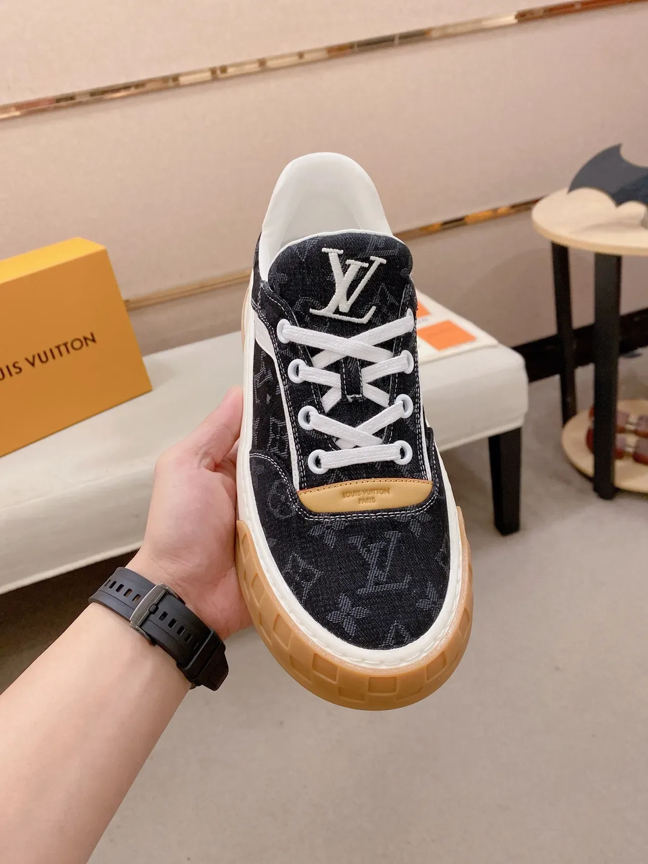 Louis Vuitton LV Trainer Navy Beige Monogrammed Denim Upper White Side Stripe Lifestyle Sneakers 2