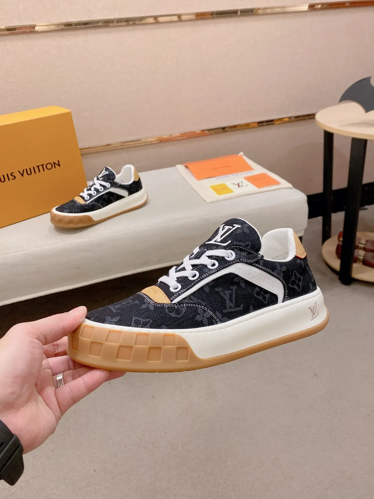 Louis Vuitton LV Trainer Navy Beige Monogrammed Denim Upper White Side Stripe Lifestyle Sneakers 3