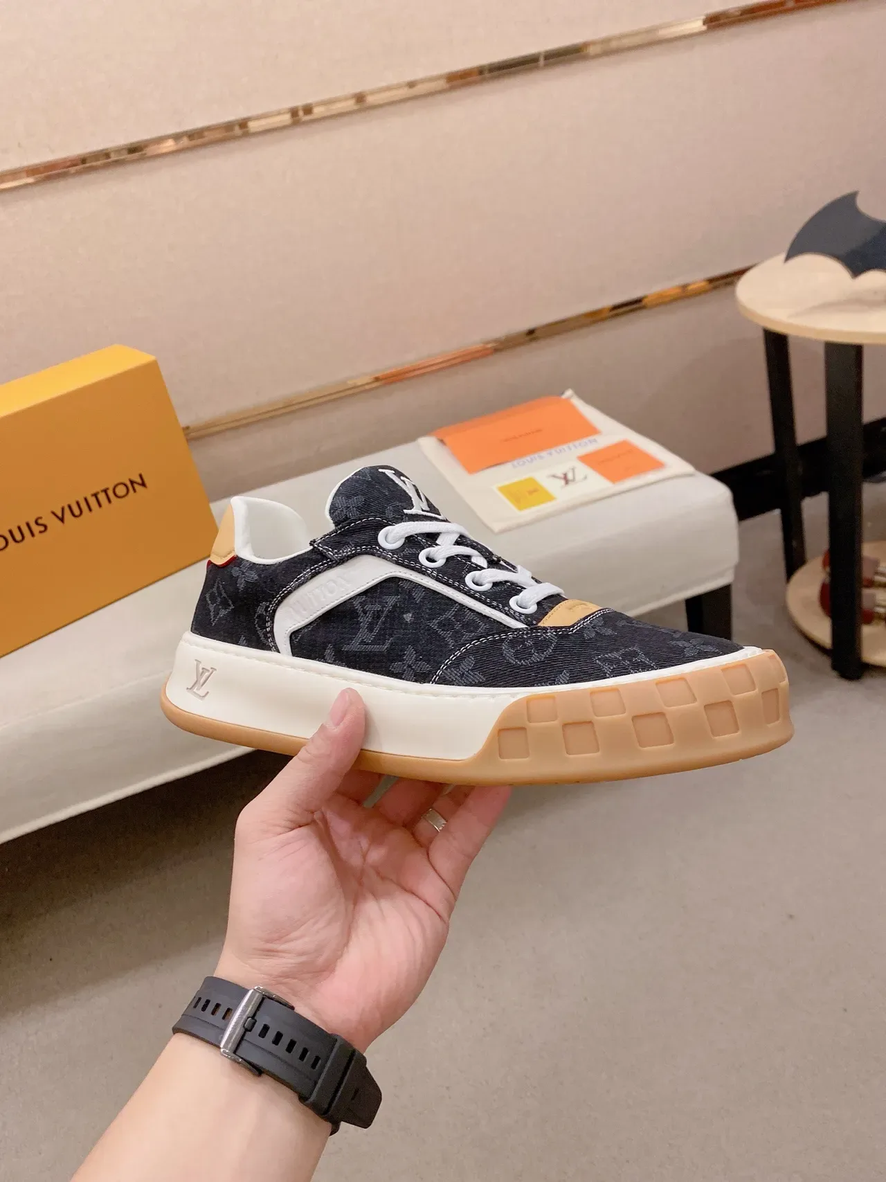 Louis Vuitton LV Trainer Navy Beige Monogrammed Denim Upper White Side Stripe Lifestyle Sneakers 4