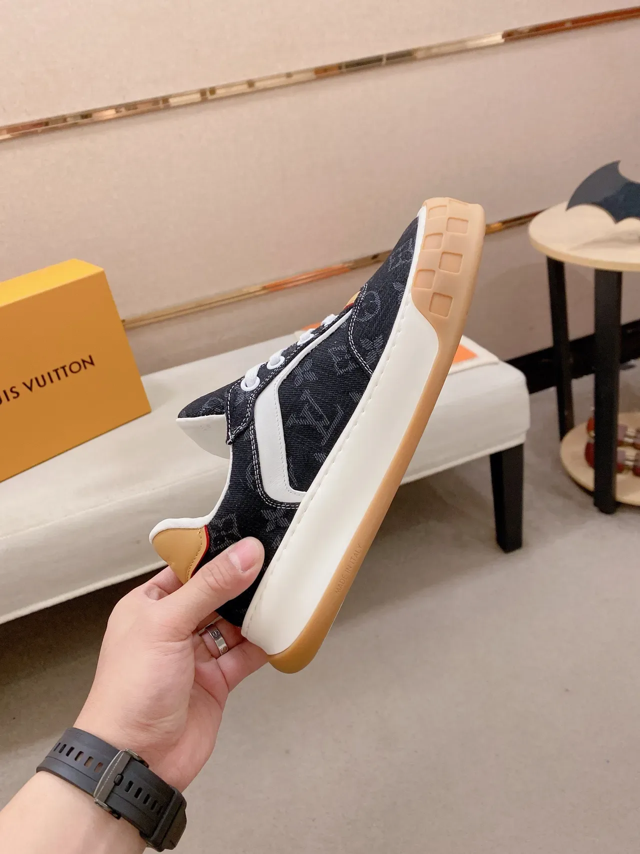 Louis Vuitton LV Trainer Navy Beige Monogrammed Denim Upper White Side Stripe Lifestyle Sneakers 5