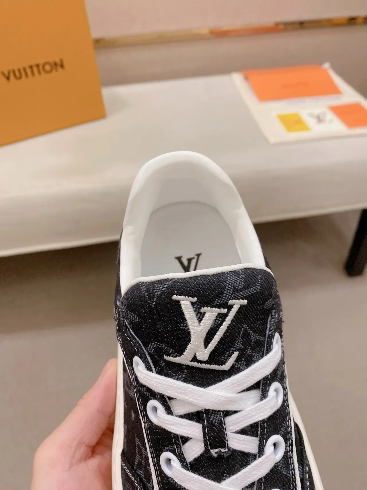 Louis Vuitton LV Trainer Navy Beige Monogrammed Denim Upper White Side Stripe Lifestyle Sneakers 6