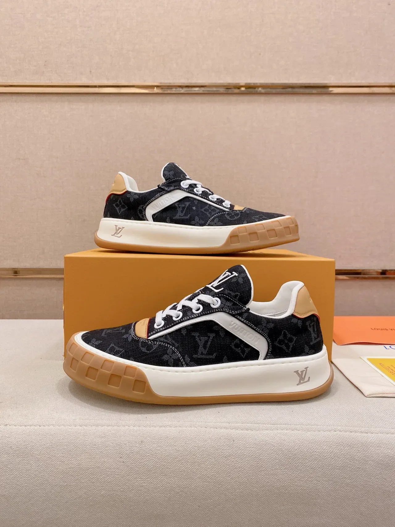 Louis Vuitton LV Trainer Navy Beige Monogrammed Denim Upper White Side Stripe Lifestyle Sneakers 7