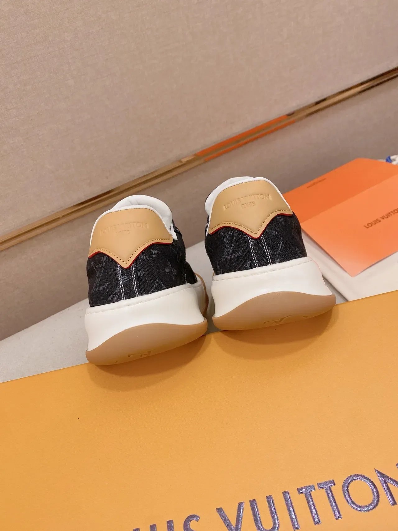 Louis Vuitton LV Trainer Navy Beige Monogrammed Denim Upper White Side Stripe Lifestyle Sneakers 8