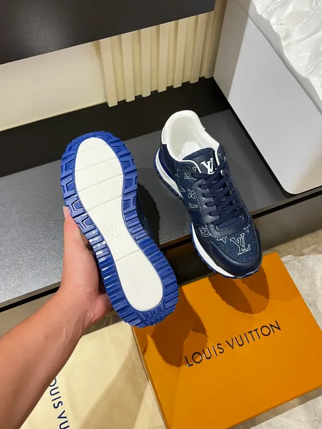 Louis Vuitton LV Trainer Navy Blue Monogram-Embroidered Denim-Leather Hybrid Contrast White Midsole Lifestyle Sneakers 3