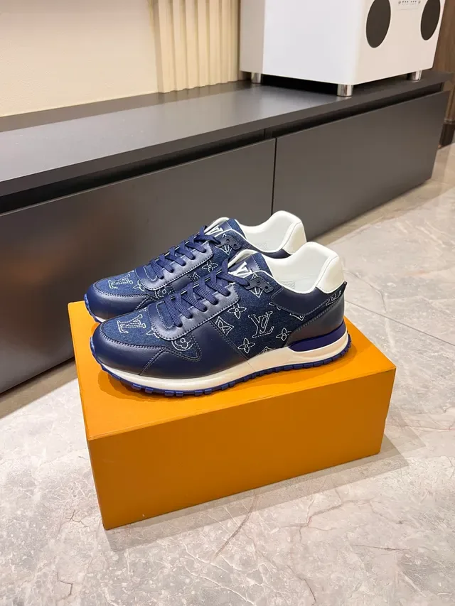 Louis Vuitton LV Trainer Navy Blue Monogram-Embroidered Denim-Leather Hybrid Contrast White Midsole Lifestyle Sneakers 4