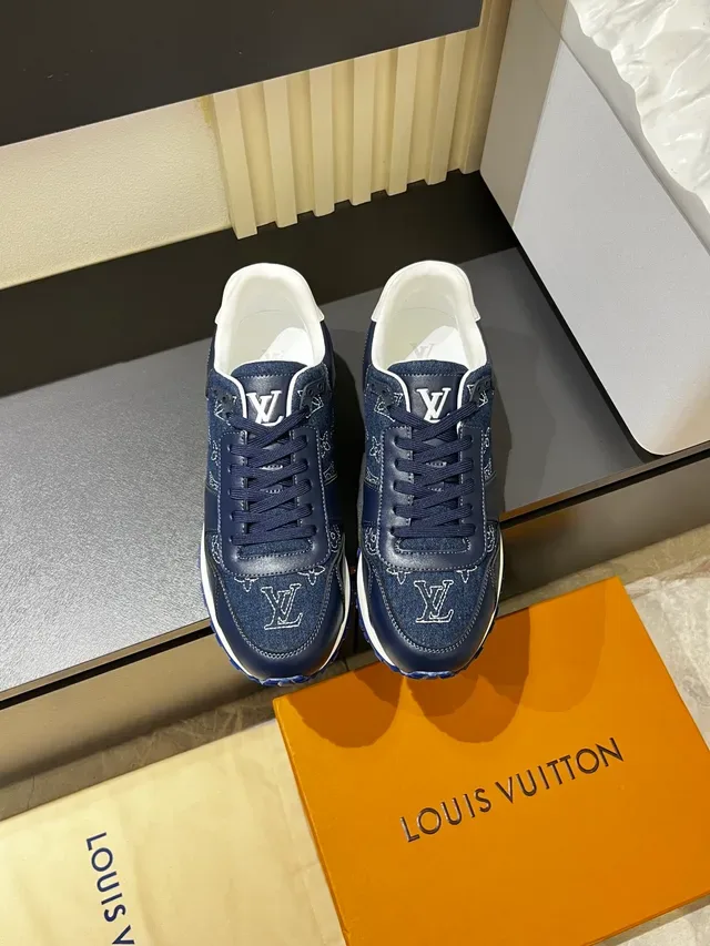 Louis Vuitton LV Trainer Navy Blue Monogram-Embroidered Denim-Leather Hybrid Contrast White Midsole Lifestyle Sneakers 5
