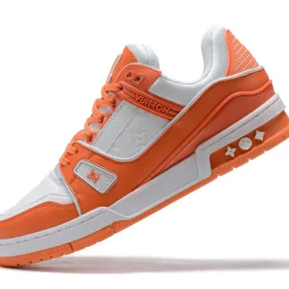 Louis Vuitton LV Trainer Naranja Blanco Construcción de superposición multicapa Paneles de cuero Monogram Zapatillas lifestyle