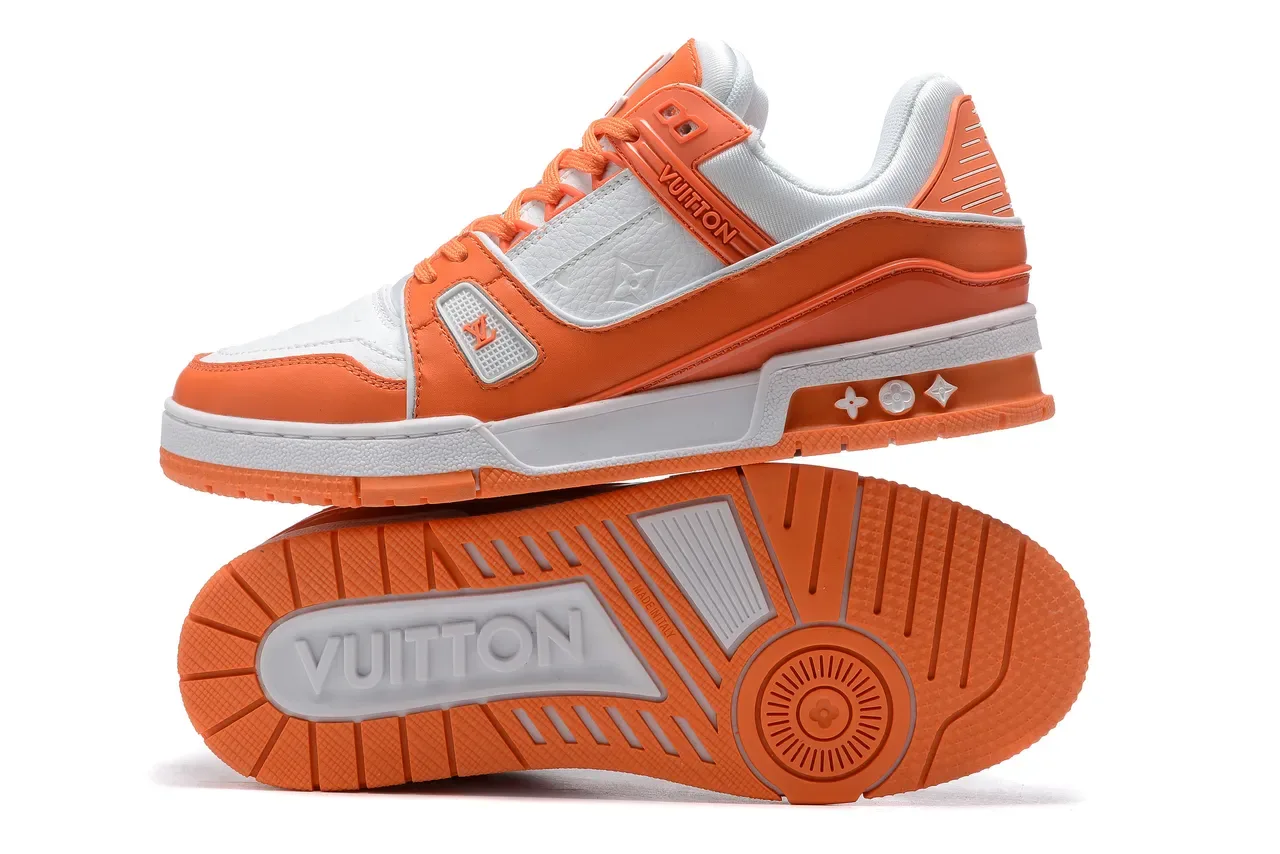 Louis Vuitton LV Trainer Orange White Multi-Layered Overlay Construction Monogram Leather Panels Lifestyle Sneakers 2