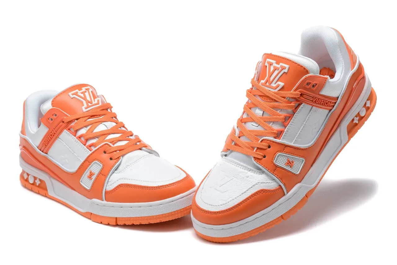 Louis Vuitton LV Trainer Orange White Multi-Layered Overlay Construction Monogram Leather Panels Lifestyle Sneakers 4