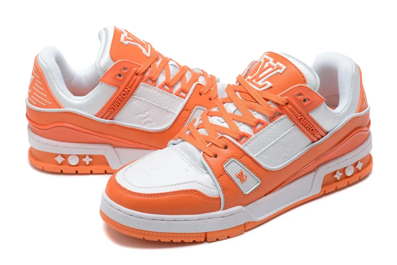 Louis Vuitton LV Trainer Orange White Multi-Layered Overlay Construction Monogram Leather Panels Lifestyle Sneakers 6
