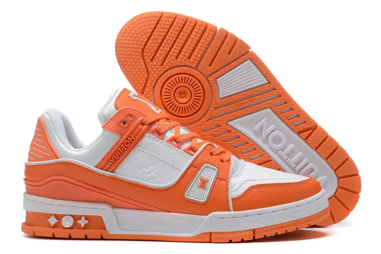 Louis Vuitton LV Trainer Orange White Multi-Layered Overlay Construction Monogram Leather Panels Lifestyle Sneakers 7