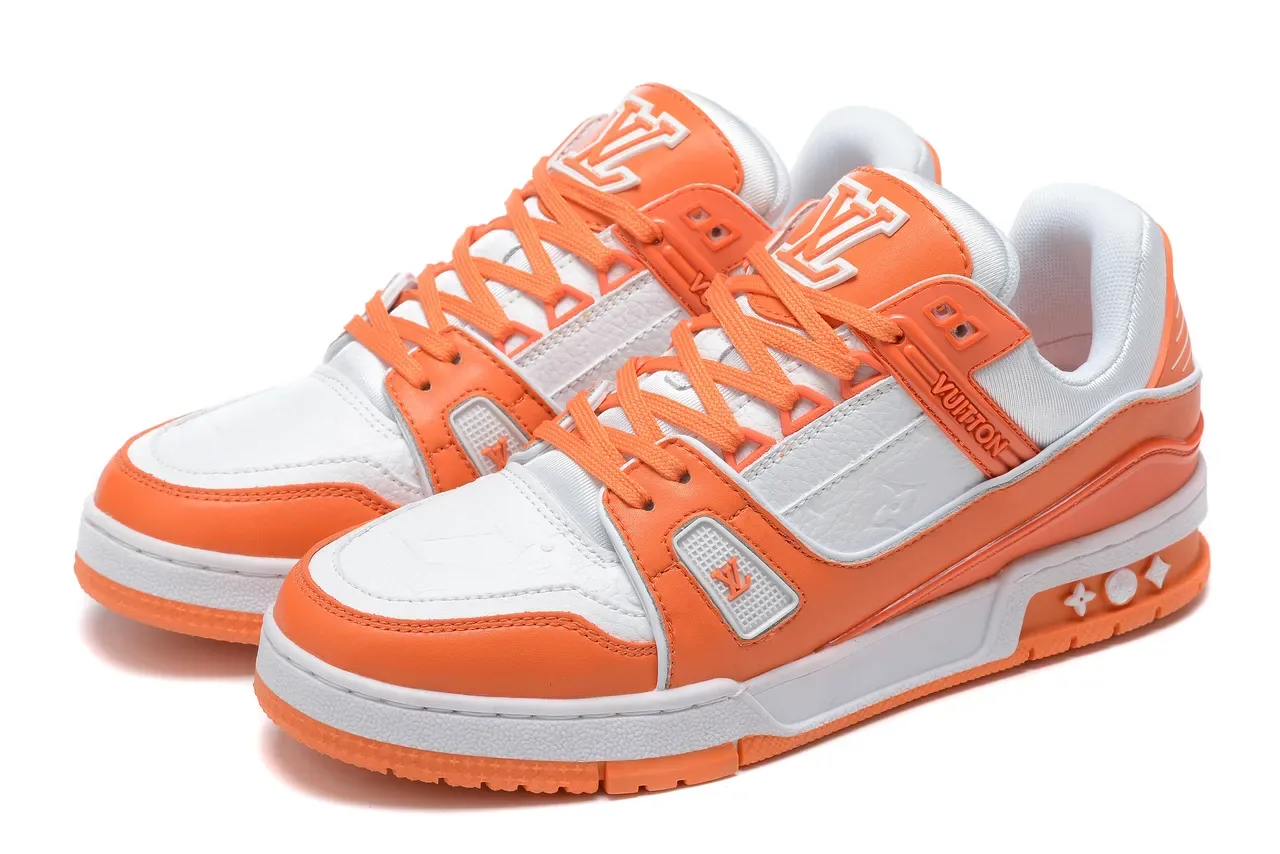 Louis Vuitton LV Trainer Orange White Multi-Layered Overlay Construction Monogram Leather Panels Lifestyle Sneakers 8