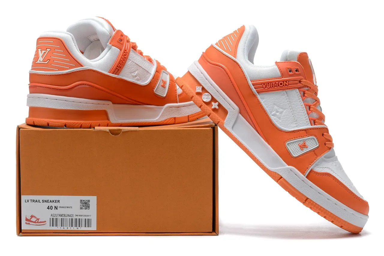 Louis Vuitton LV Trainer Orange White Multi-Layered Overlay Construction Monogram Leather Panels Lifestyle Sneakers 9