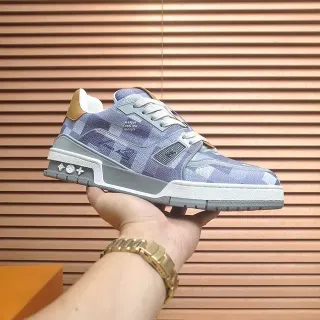 Louis Vuitton LV Trainer Purple Gray Monogrammed Canvas Upper Layered Geometric Midsole Lifestyle Sneakers