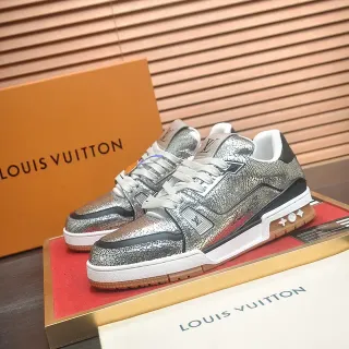 Louis Vuitton LV Trainer Plata Negro Metálico Agrietado Superior Paneles de Contraste Zapatillas Lifestyle
