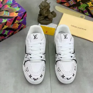 Louis Vuitton LV Trainer Blanco Negro Monogram-Print Cuero Bajo con cordones Estilo de vida
