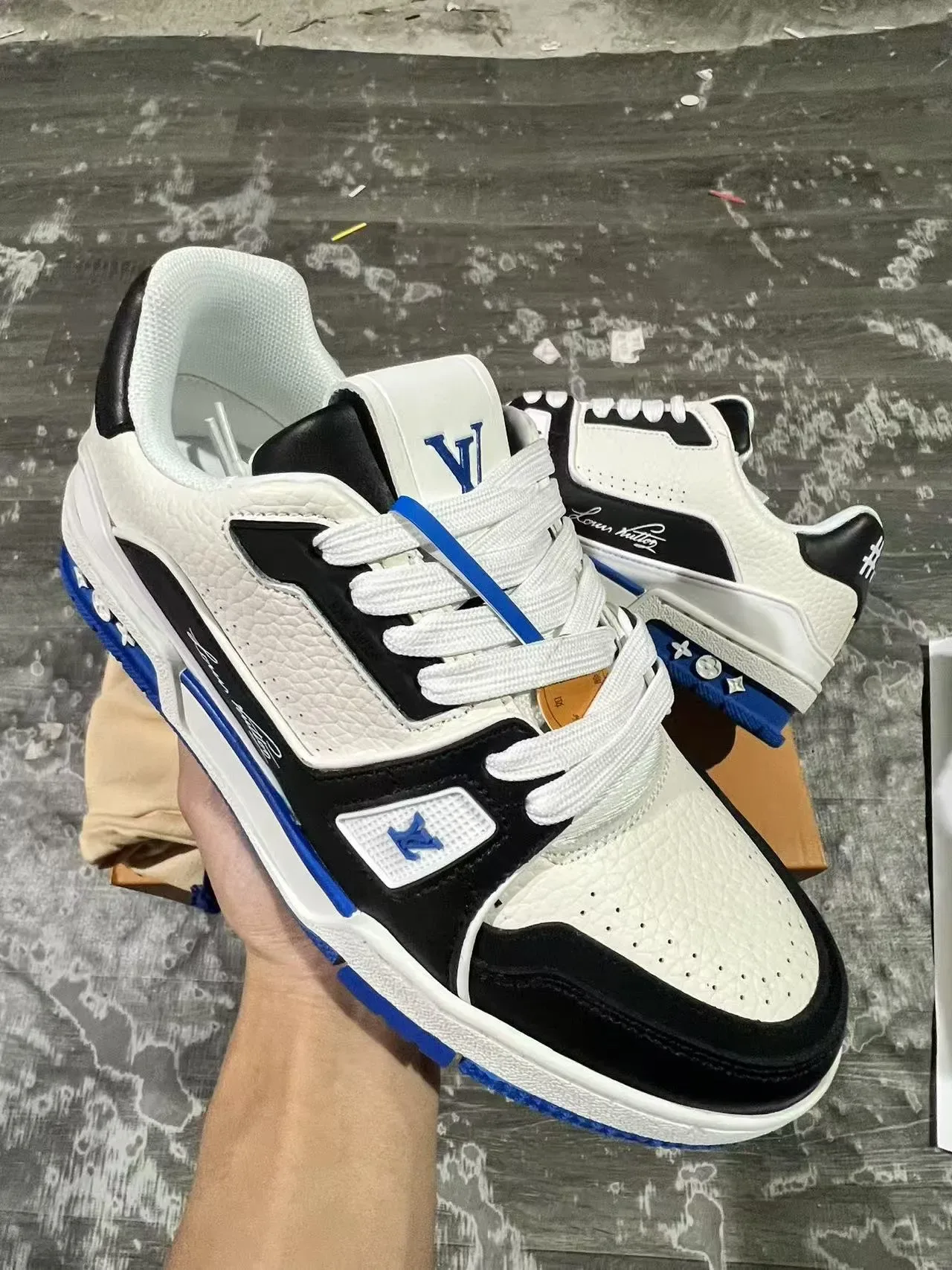 Louis Vuitton LV Trainer White Blue Layered Textured Leather Sculpted Midsole Lifestyle Sneakers 2