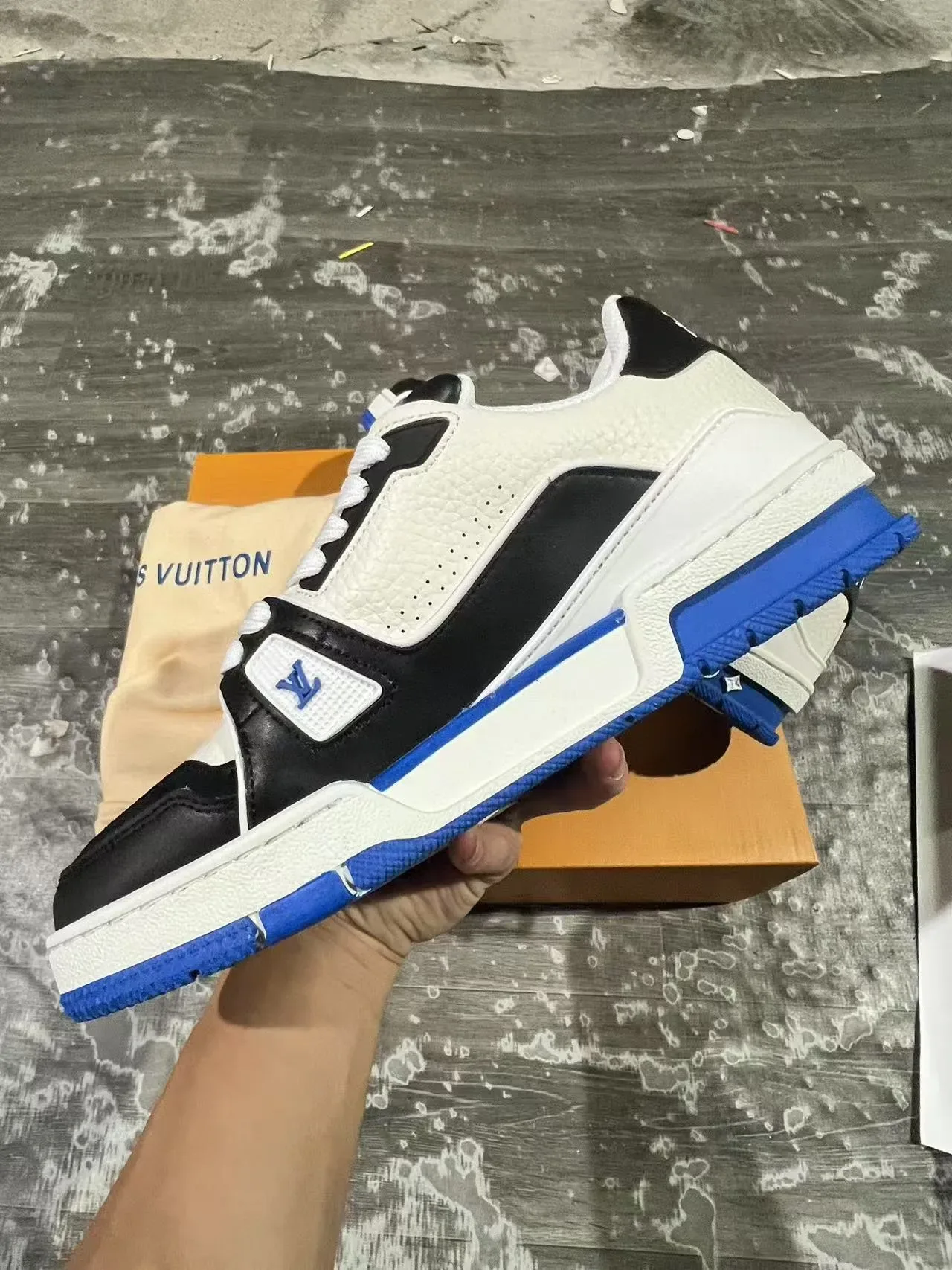 Louis Vuitton LV Trainer White Blue Layered Textured Leather Sculpted Midsole Lifestyle Sneakers 5