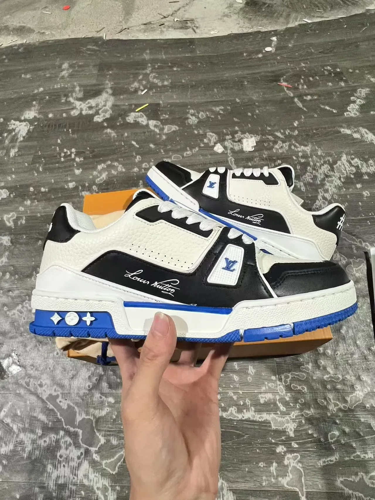 Louis Vuitton LV Trainer White Blue Layered Textured Leather Sculpted Midsole Lifestyle Sneakers 6