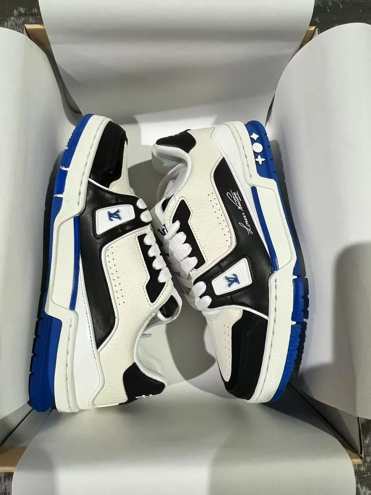 Louis Vuitton LV Trainer White Blue Layered Textured Leather Sculpted Midsole Lifestyle Sneakers 8