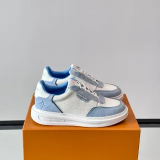 Louis Vuitton LV Trainer White Blue Perforated Mesh Upper Suede Overlays Lifestyle Sneakers