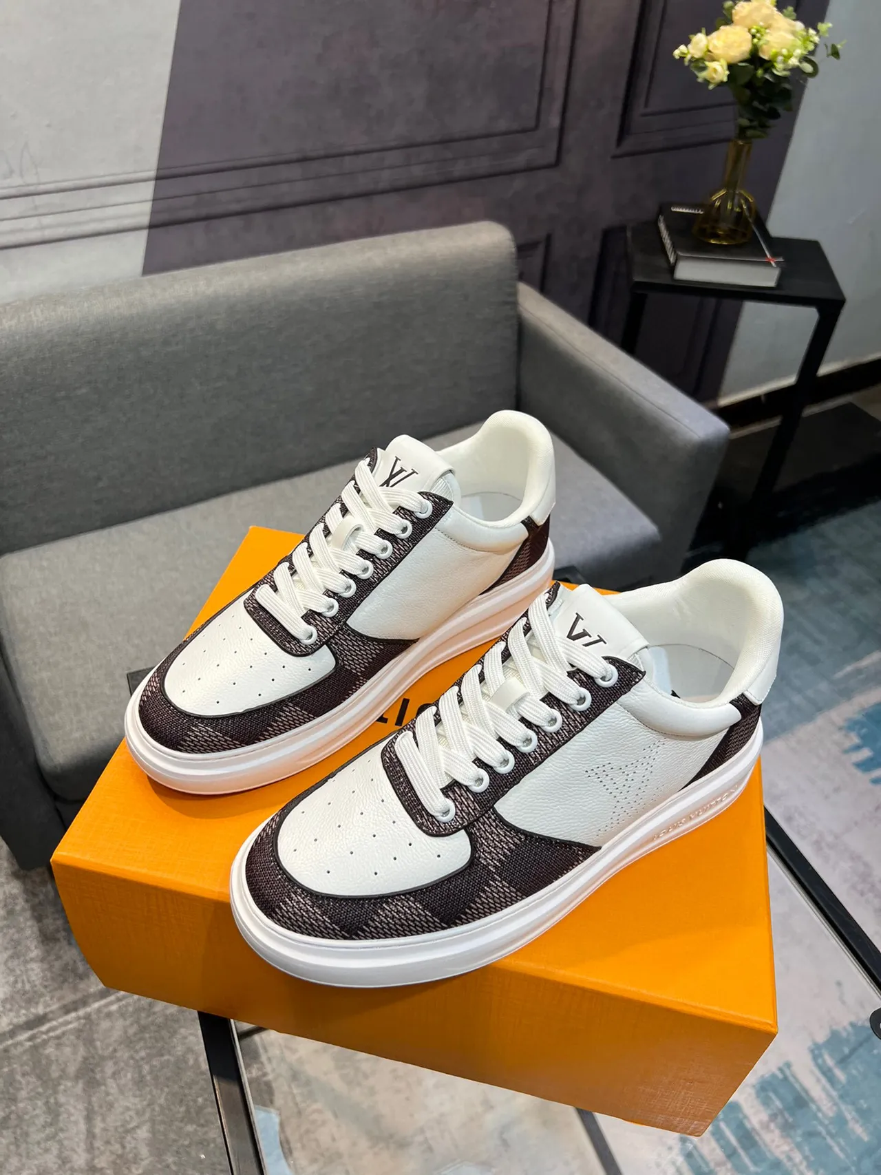 Louis Vuitton LV Trainer White Brown Perforated Leather Monogrammed Textile Lifestyle Sneakers 3