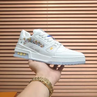 Louis Vuitton LV Trainer White Gold Leather Upper Floral Embroidered Heel Lifestyle Sneakers