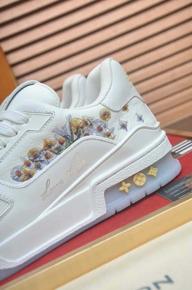 Louis Vuitton LV Trainer White Gold Leather Upper Floral Embroidered Heel Lifestyle Sneakers 2
