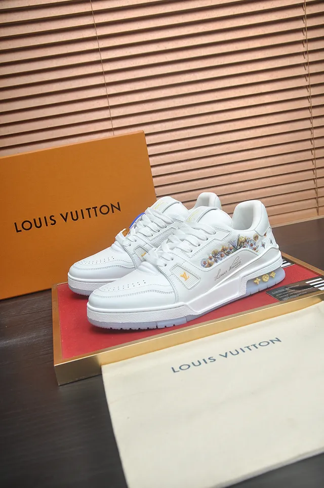 Louis Vuitton LV Trainer White Gold Leather Upper Floral Embroidered Heel Lifestyle Sneakers 4